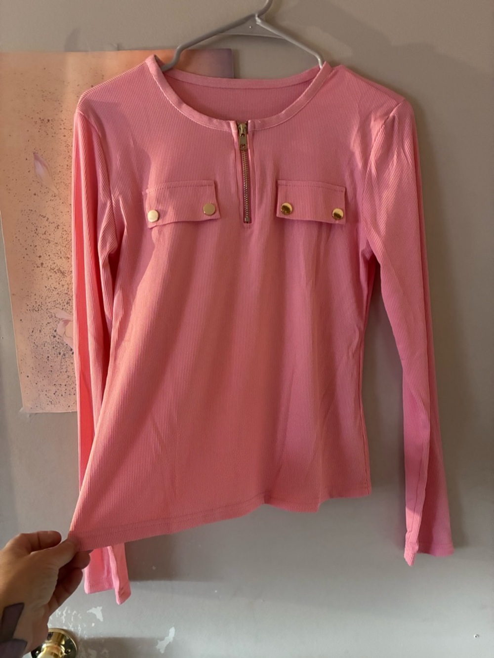 Pink Long Sleeve Ribbed Top with Gold Zip & Button Details